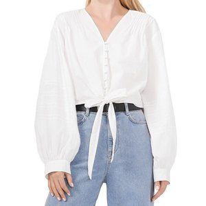 Vince Camuto Pleated Shoulder Cropped Knot  Front Blouse White M